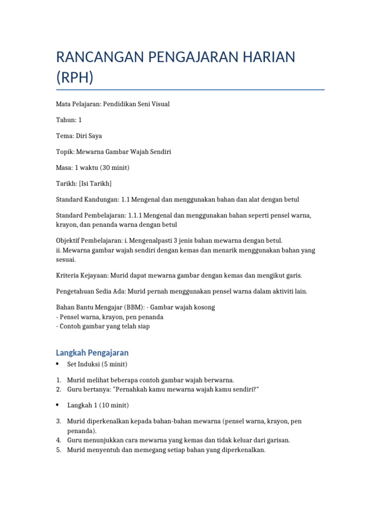 RPH Mewarna Gambar Wajah Tahun 1 | PDF