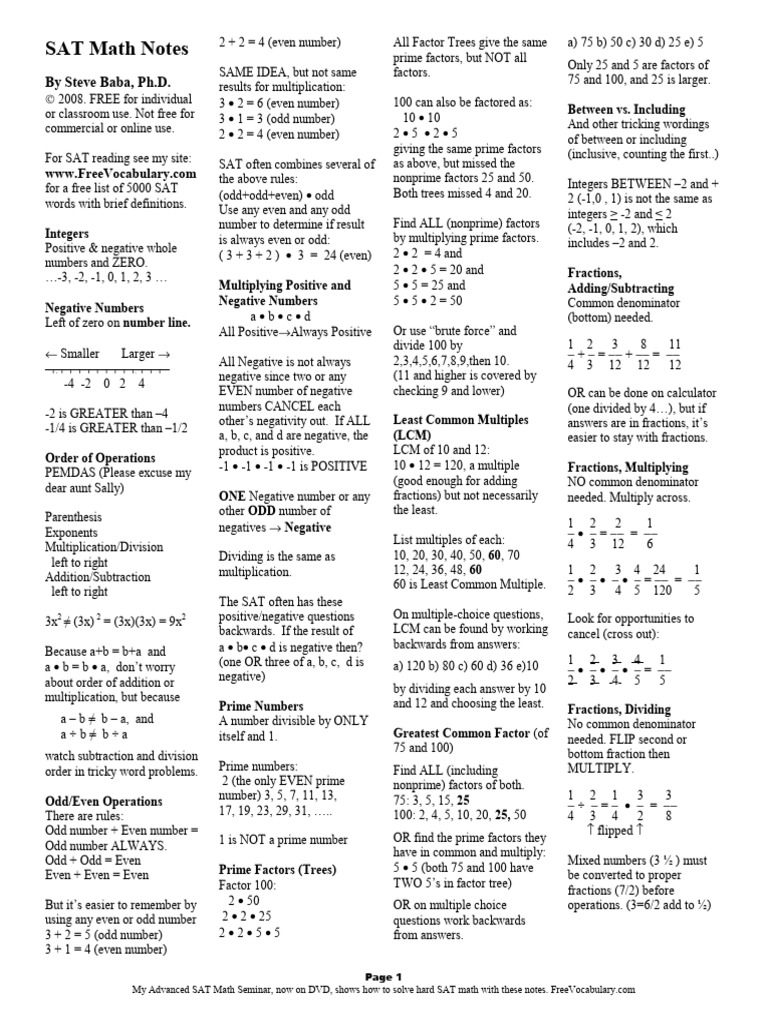 SAT Math Notes | PDF | Triangle | Fraction (Mathematics)
