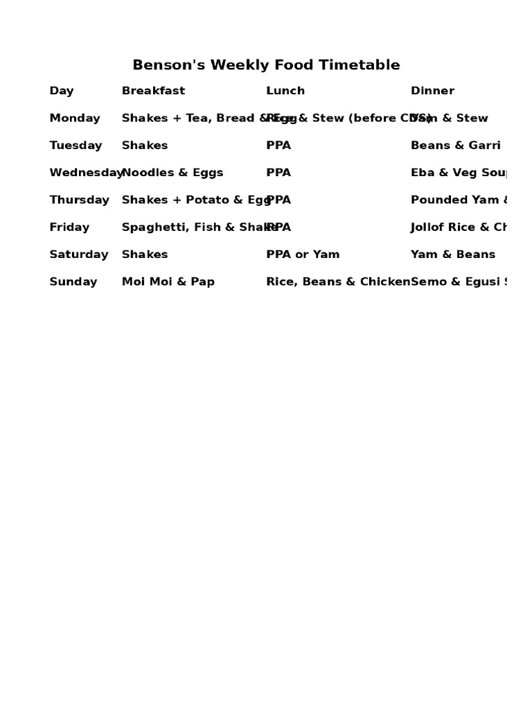 Bensons Weekly Food Timetable | PDF