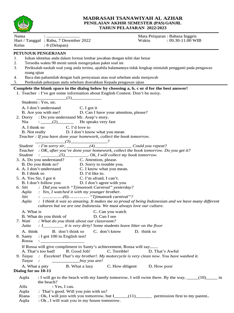 English Exam for 8th Grade Students | PDF