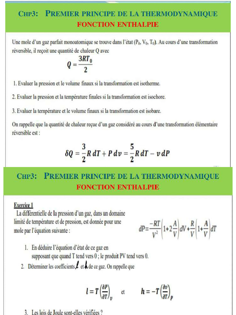Exercices Du Cours Thermo Physique L2. | PDF