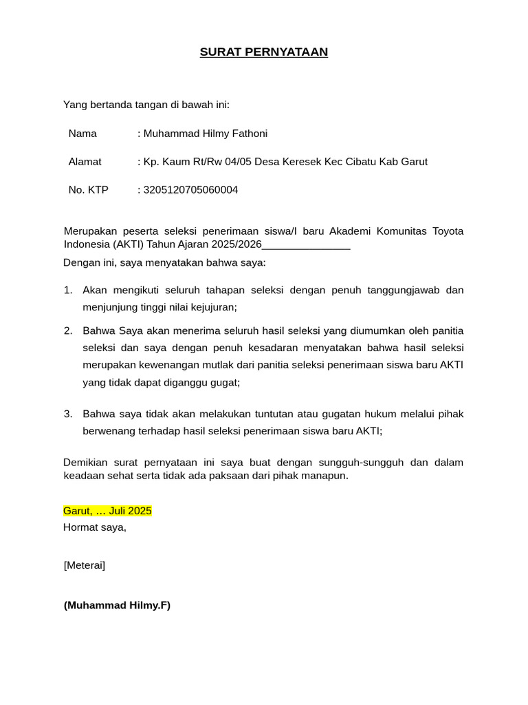 Draft - Surat Pernyataan Akademi Komunitas Toyota Indonesia (AKTI) | PDF