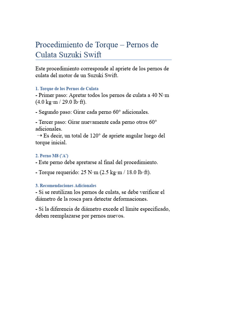Torque Pernos Culata Suzuki Swift | PDF