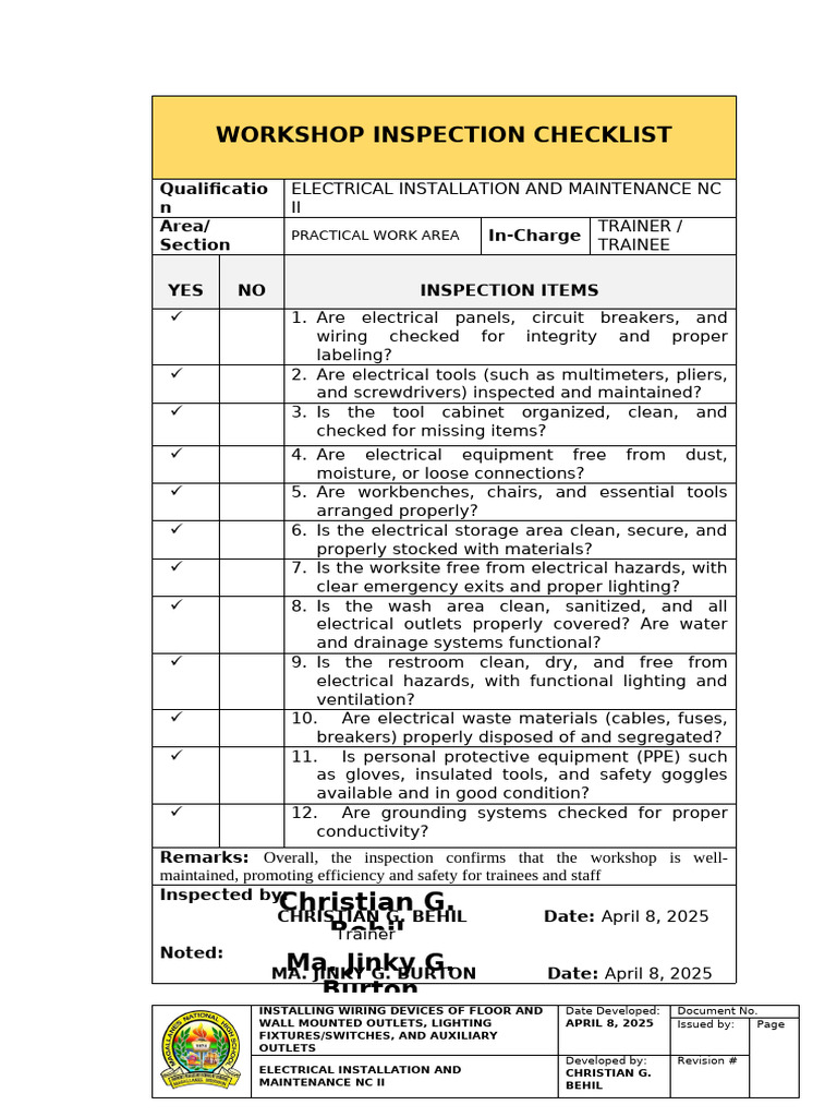 Electrical Workshop Inspection Checklist | PDF | Electrical Wiring ...