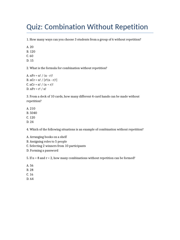 Quiz on Combinations Without Repetition | PDF