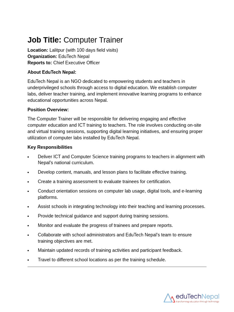 Computer Trainer Job Overview at EduTech | PDF | Educational Technology ...