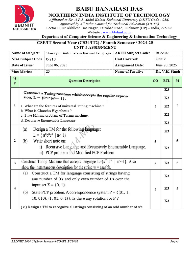 BCS 402: Theory of Automata Assignment | PDF | Formal Methods | Models ...
