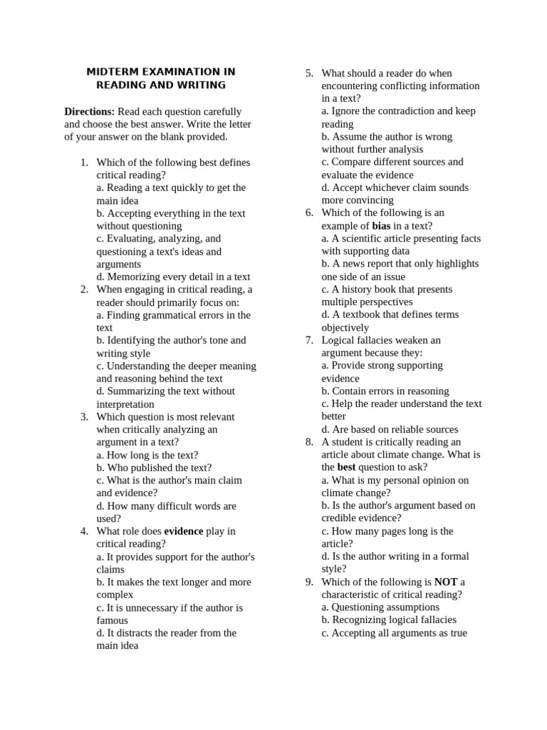 Critical Reading Midterm Exam Guide | PDF | Argument | Fallacy