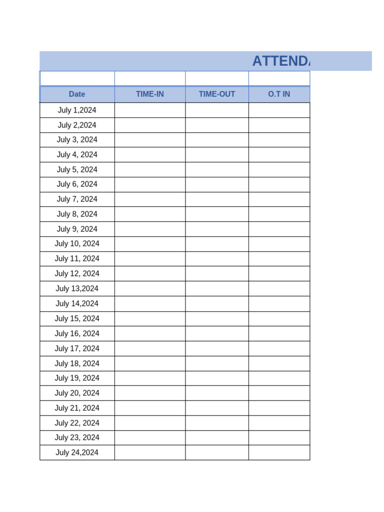 July 2024 Attendance Log Template | PDF