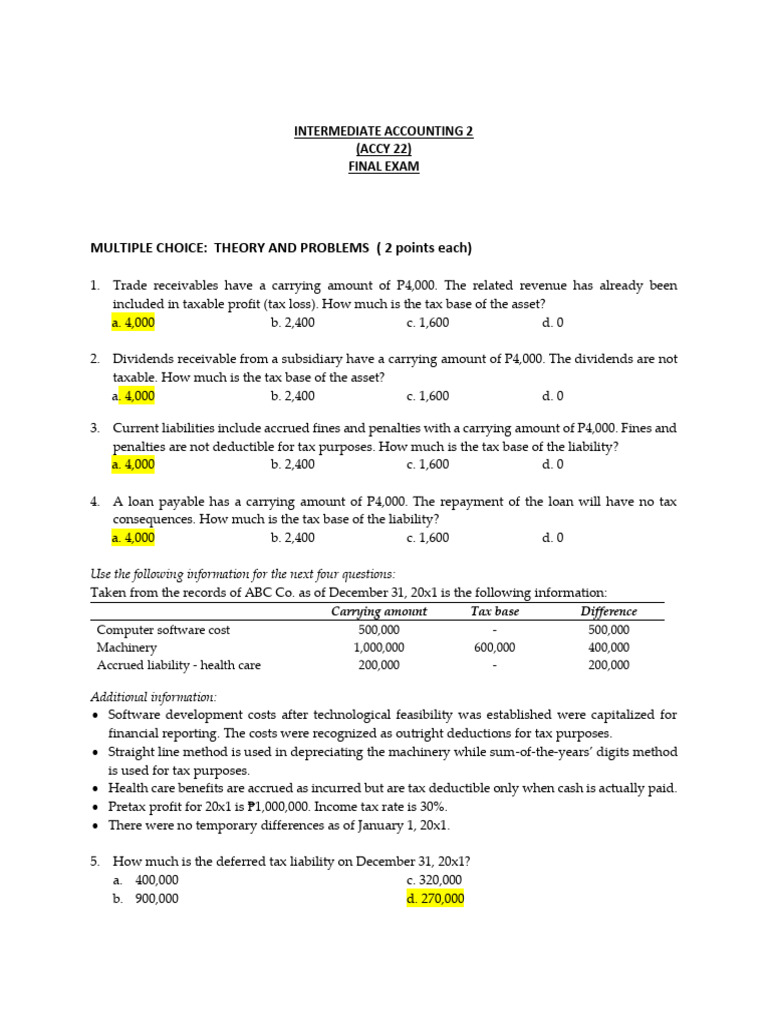 Intermediate Accounting 2 Final Exam Questions | PDF | Deferred Tax ...