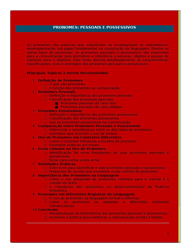 Pronomes Pessoais e Possessivos: Guia Completo | PDF | Pronome ...