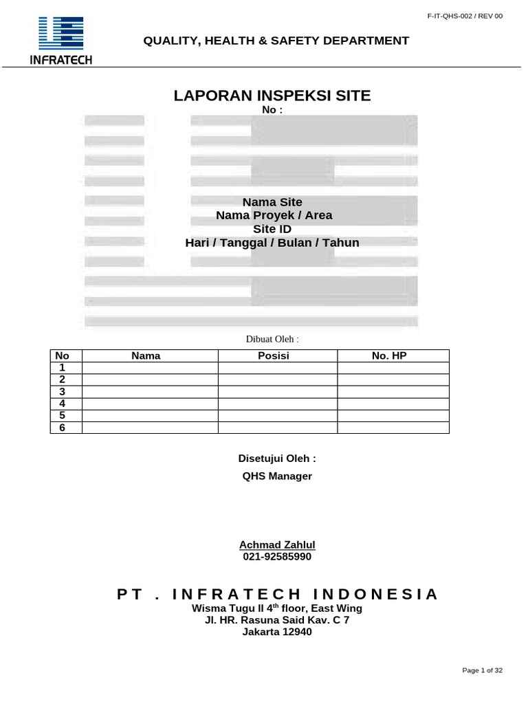 Laporan Inspeksi Site QHS InfraTech | PDF
