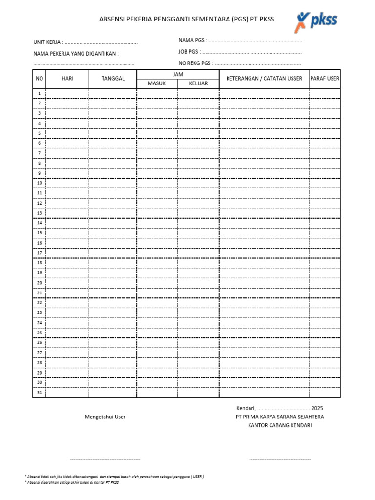 Formulir Absensi Pekerja PGS PT PKSS | PDF
