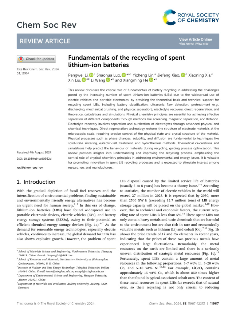 Recycling Spent Lithium-Ion Batteries | PDF | Lithium Ion Battery ...