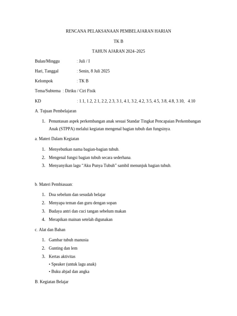 RPPH Senin Ciri Fisik Tabel Rapih | PDF