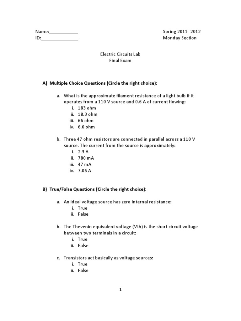 Electric Circuits Lab Final Exam Guide | PDF | Teaching Methods & Materials