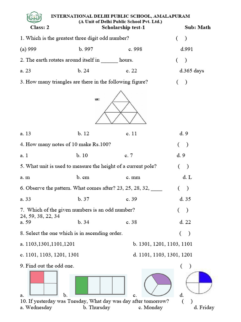 Class 2 & 1 Math Scholarship Tests | PDF | Rectangle | Geometric Shapes