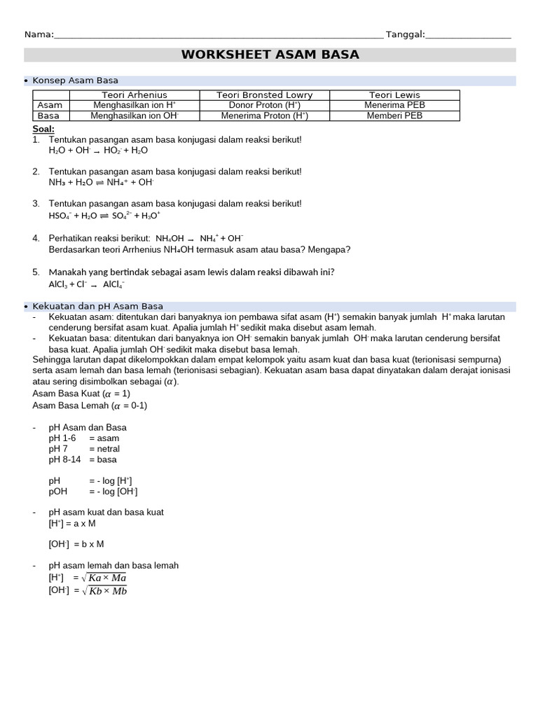 Worksheet Teori Asam Basa dan pH | PDF