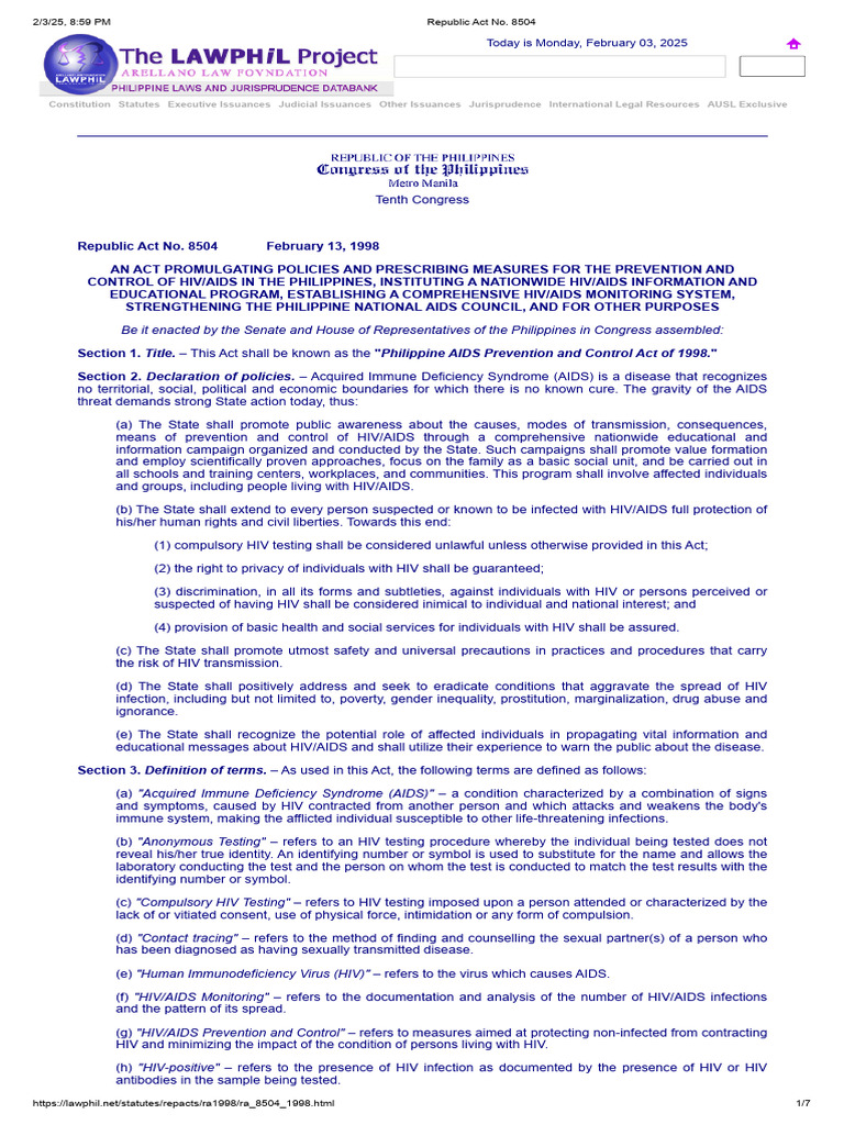 Philippine AIDS Prevention Act of 1998 | PDF | Hiv/Aids