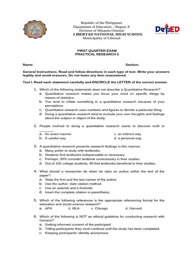 Practical Research 2 Exam Questions | PDF | Methodology | Hypothesis