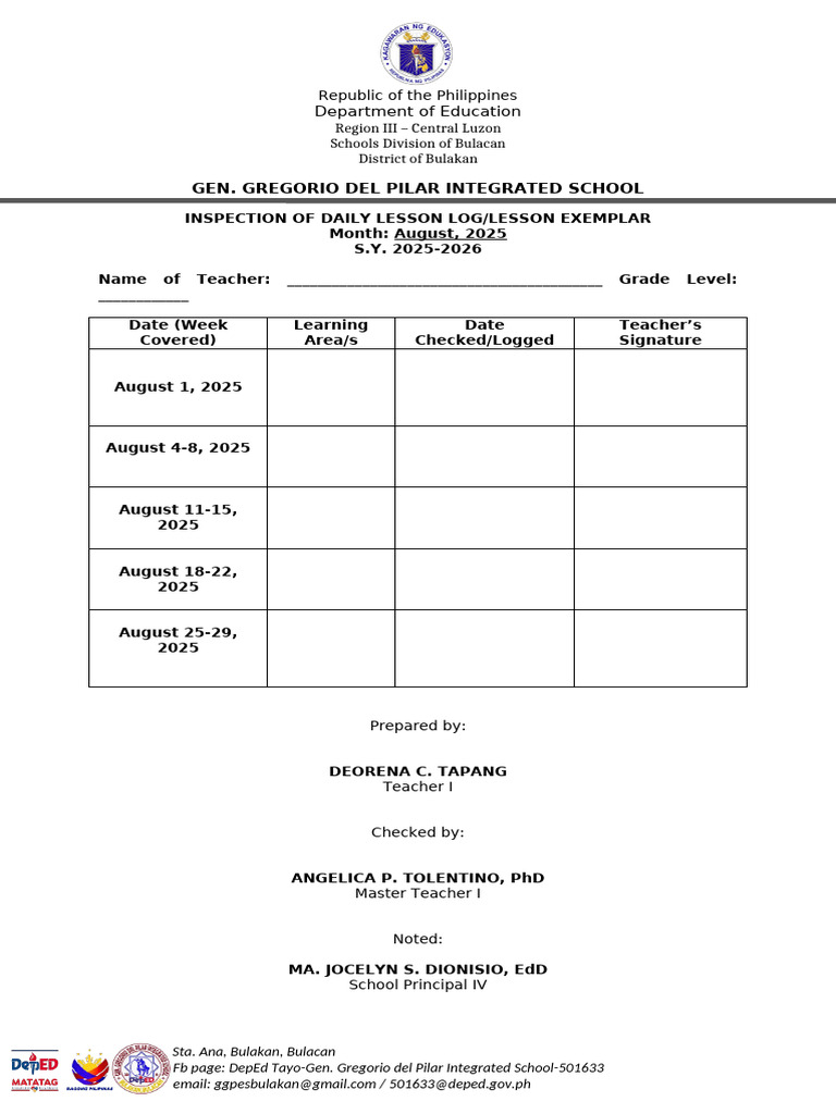 Daily Lesson and Test Inspection Logs | PDF | Government | Public ...