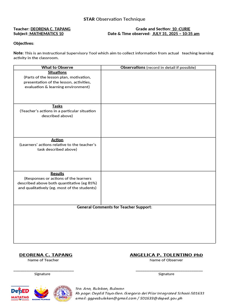 STAR Observation Tool for Teachers | PDF