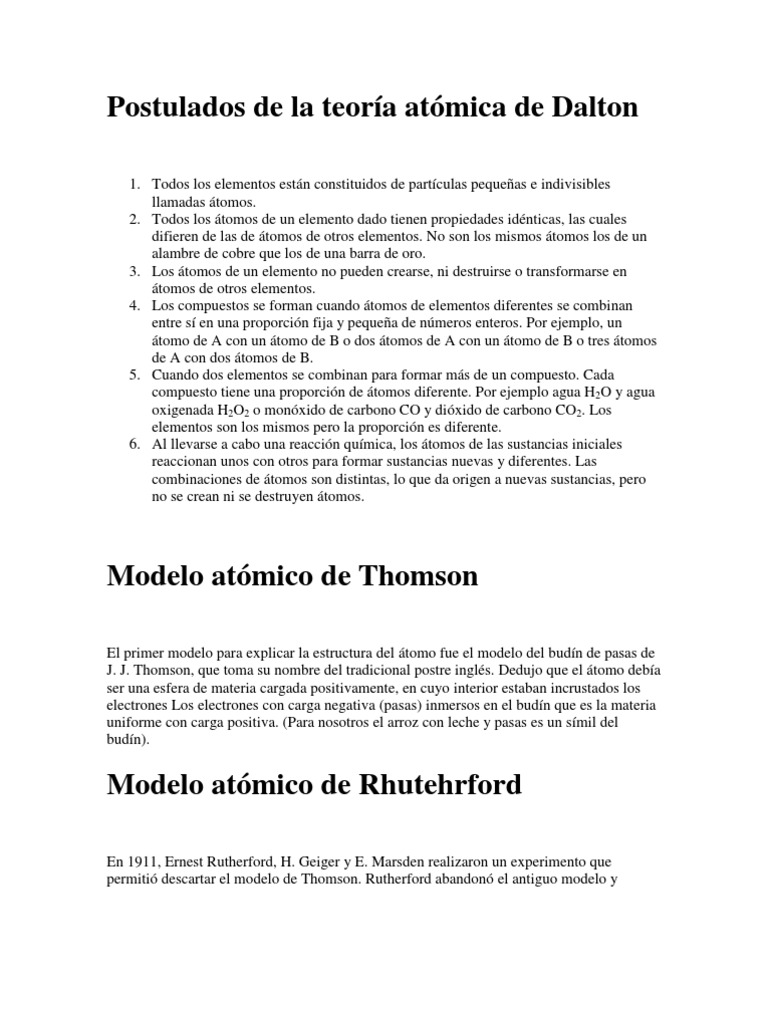 Postulados de La Teoría Atómica de Dalton | PDF | Átomos | Núcleo atómico