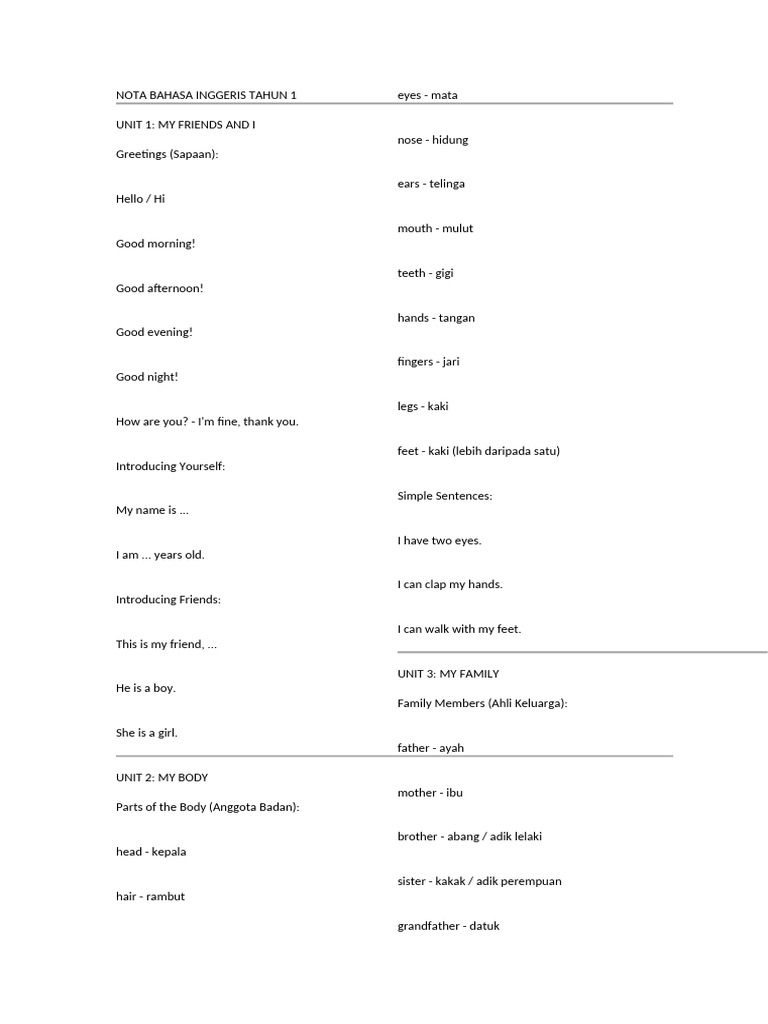 Nota Bahasa Inggeris Tahun 1 | PDF | Foods