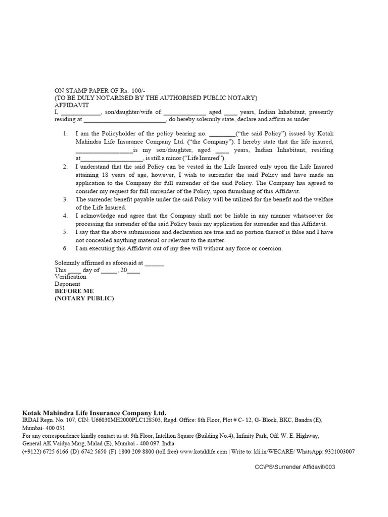 Surrender Affidavit | PDF | Affidavit | Notary Public