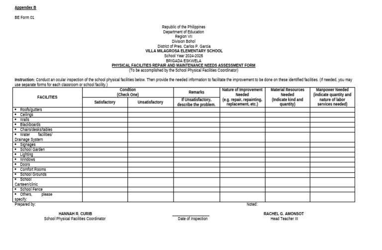 School Facilities Maintenance Assessment Form | PDF