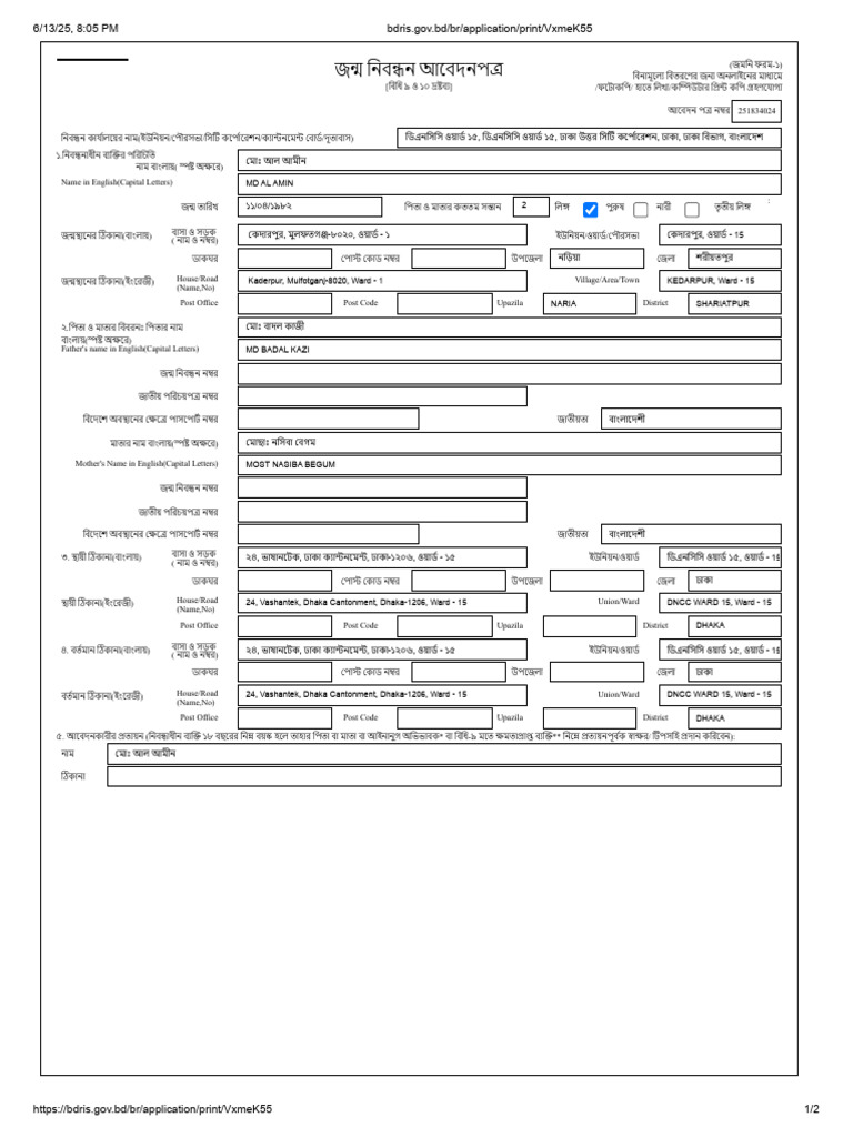 Bdris - Gov.bd BR Application Print VxmeK55 | PDF