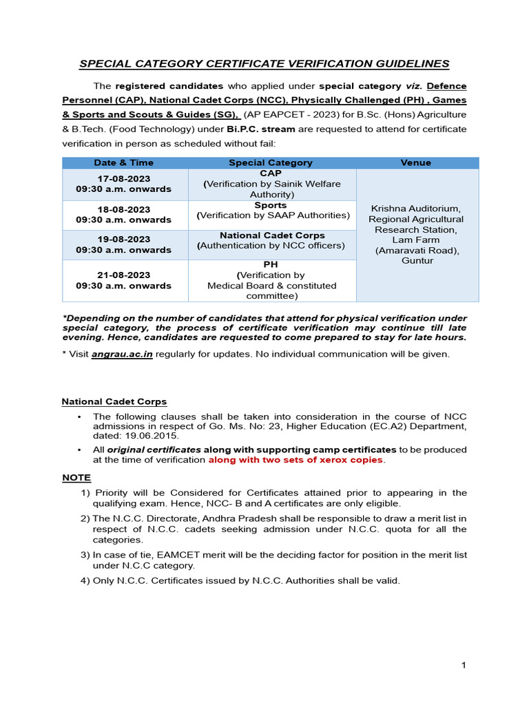 Special Category Certificate Guidelines | PDF