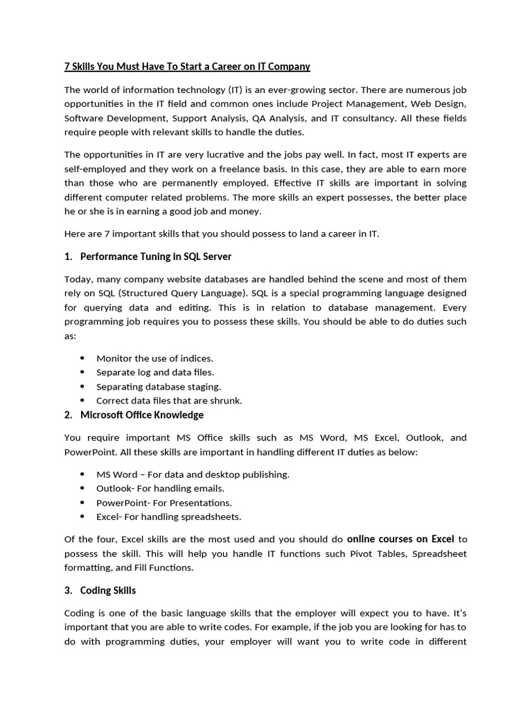 Essential IT Skills for Career Success | PDF | Microsoft Excel ...