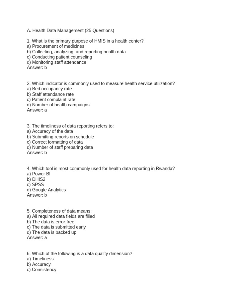 Health Data Management Quiz: 50 Q&A | PDF | Hospital | Surveillance