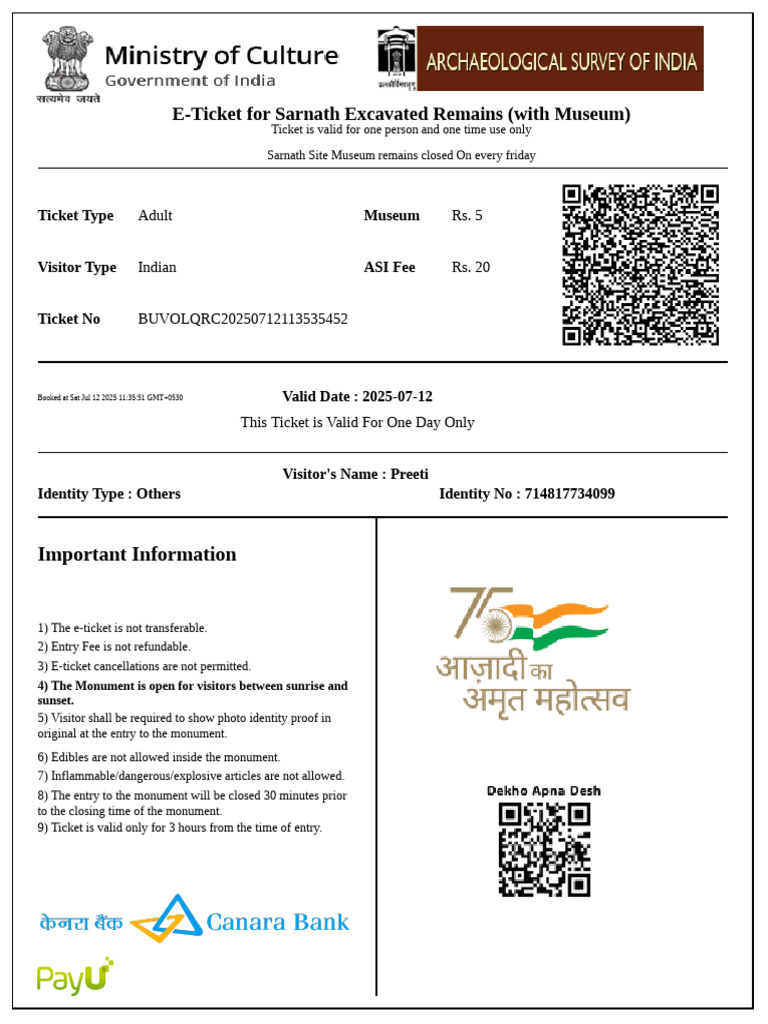 Sarnath Excavation E-Ticket Details | PDF | Civil Aviation | Ephemera