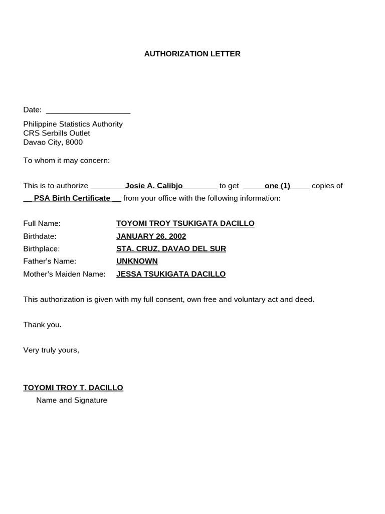 Authorization Letter for PSA Certificate | PDF