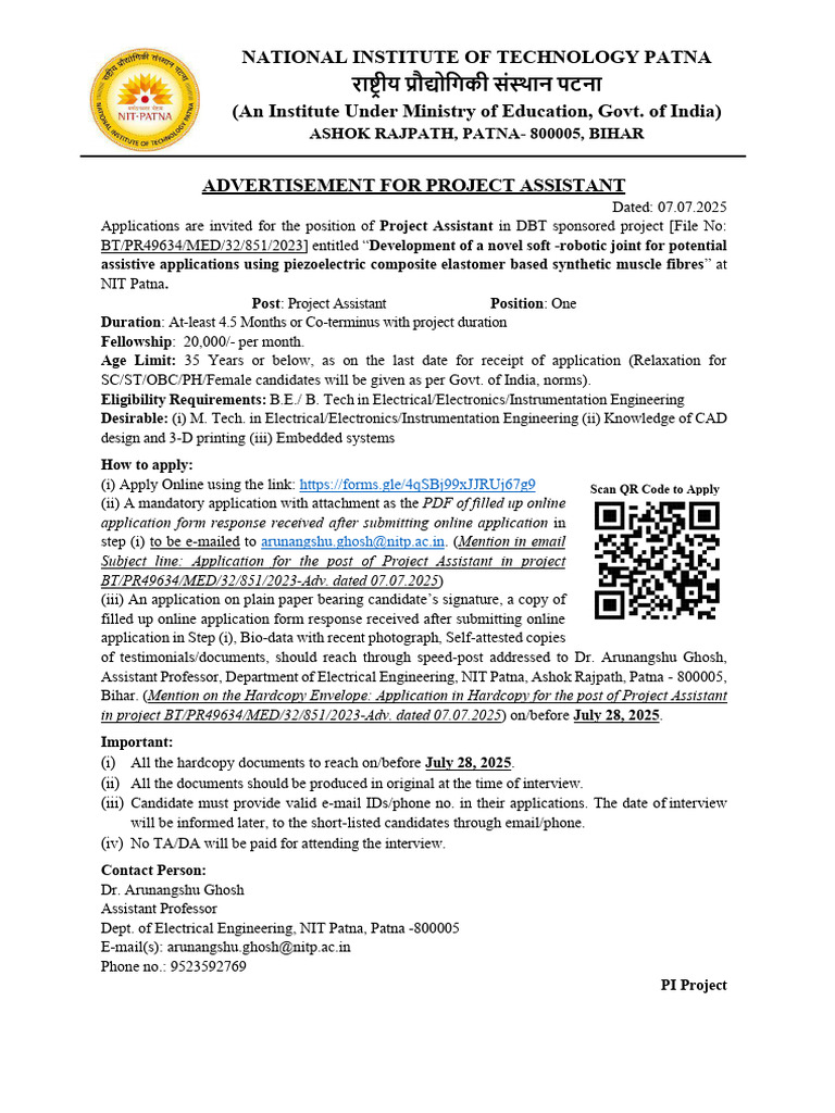 Project Assistant Position at NIT Patna | PDF