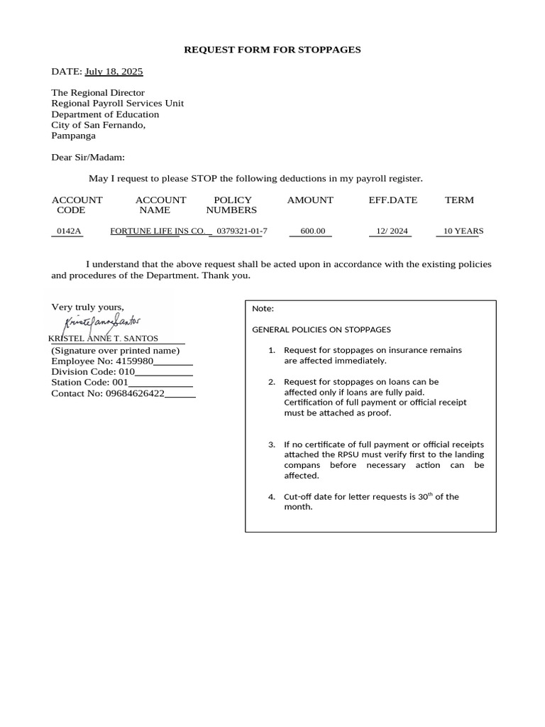 Payroll Deduction Stoppage Request | PDF