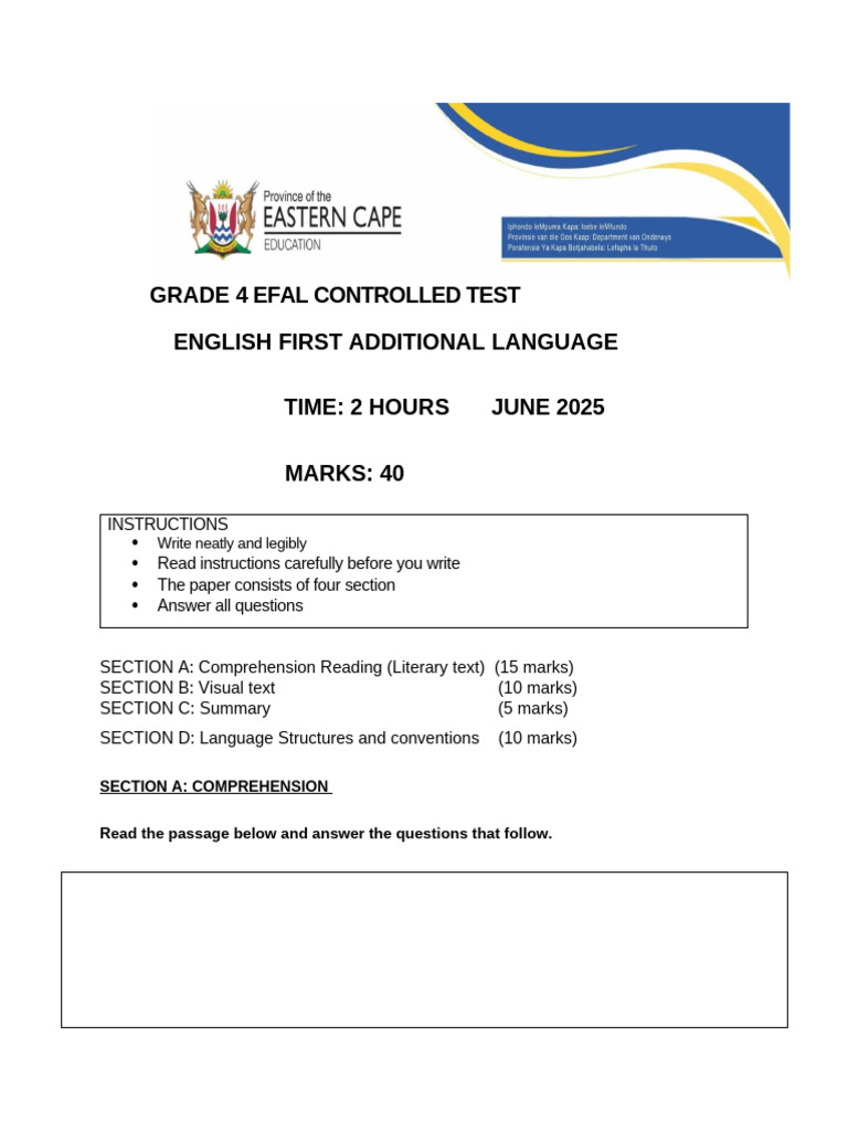 Grade 4 EFAL Controlled Test 2025 | PDF