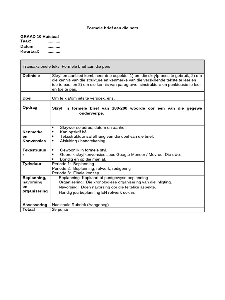 GR 10 HT Formele Brief Aan Die Pers | PDF