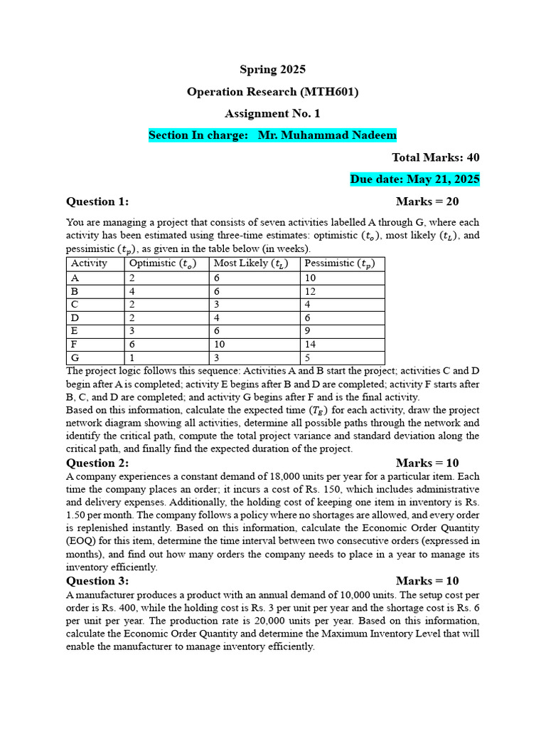 Spring 2025 Assignment No. 01 Section Incharge Muhammad Nadeem | PDF