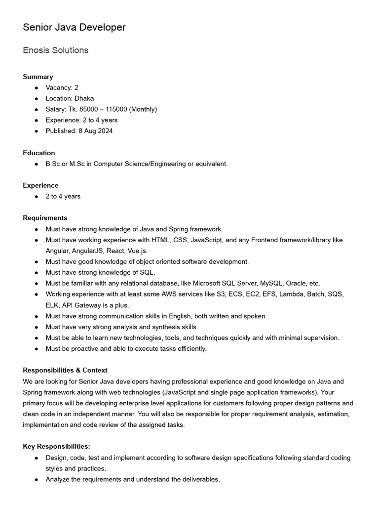 Senior Java Developer Position at Enosis | PDF | Java (Programming ...