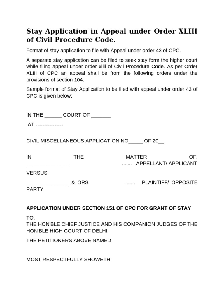Stay Application Format under CPC | PDF | Lawsuit | Appeal