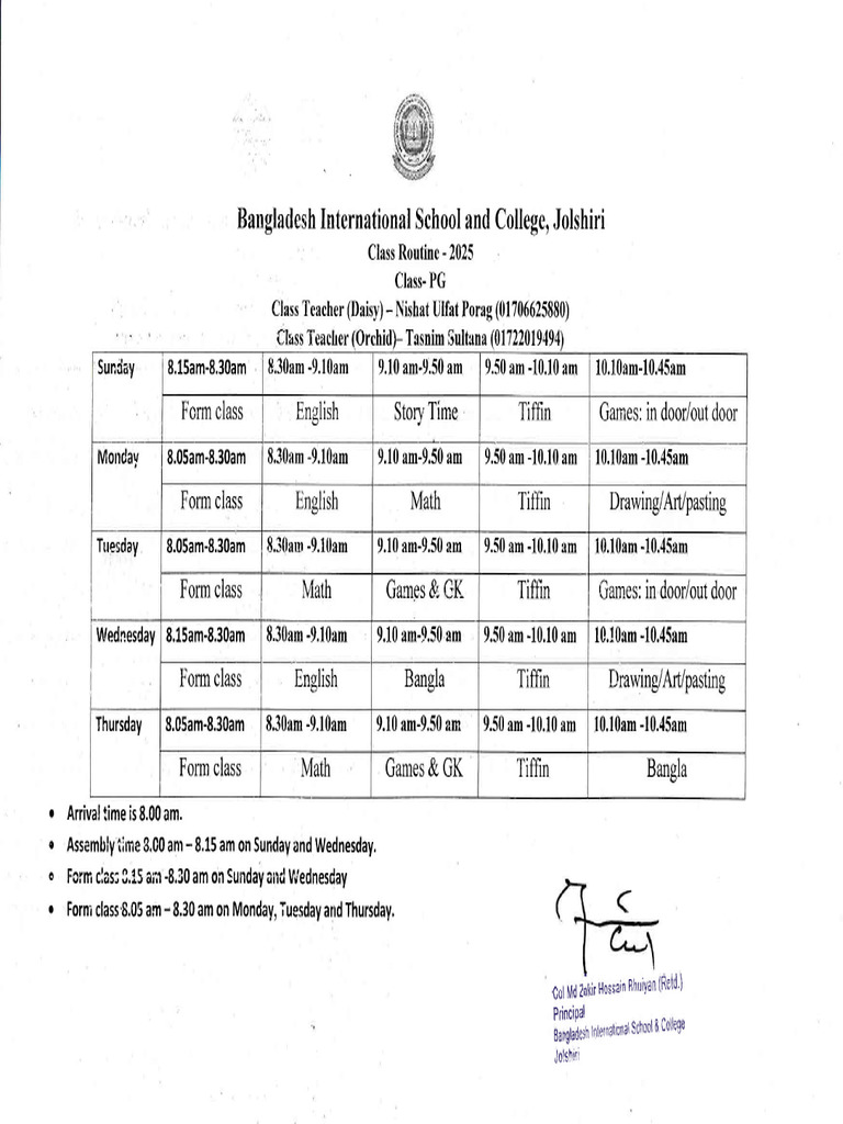 Class Routine PG-KG 20251 | PDF