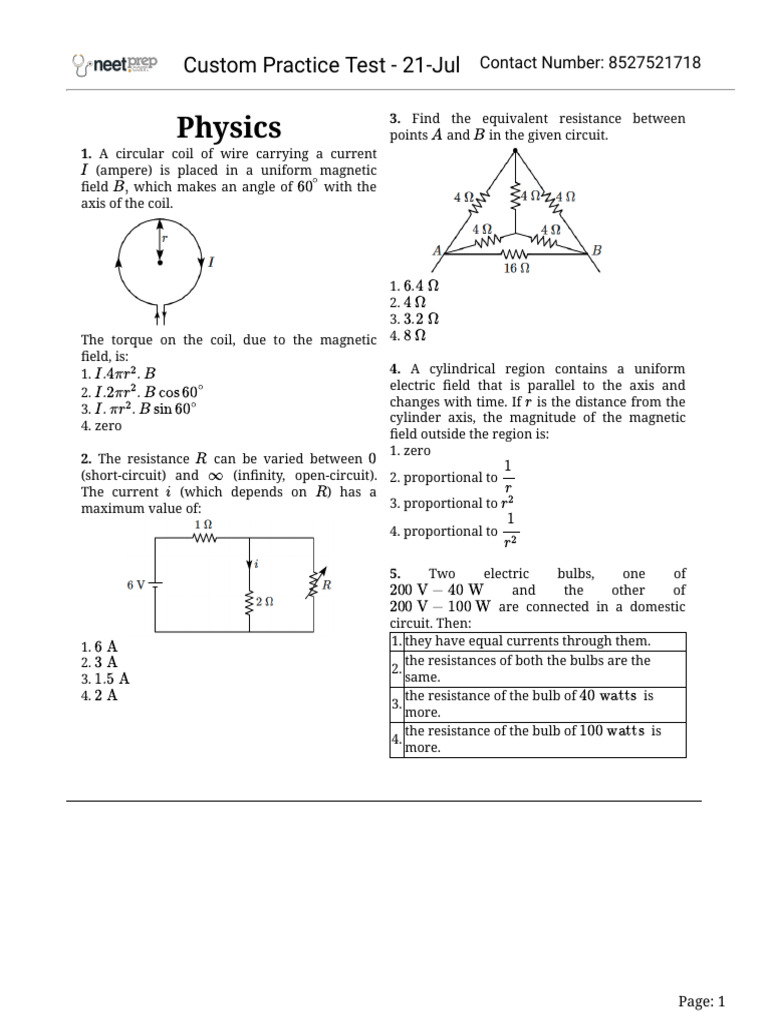 Physics Practice Test Questions | PDF | Electric Current | Inductor