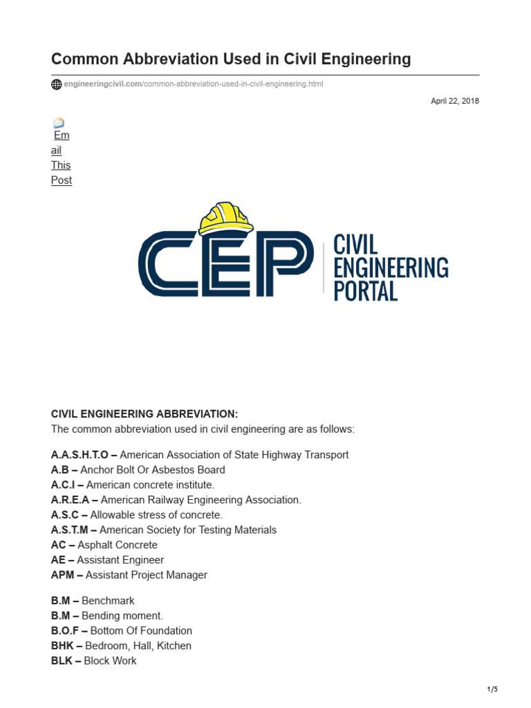 Civil Engineering Abbreviations List | PDF | Concrete | Cement