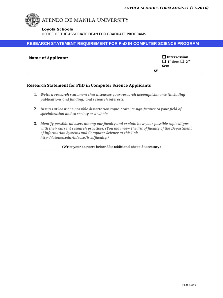PhD Research Statement Guidelines: CS | PDF