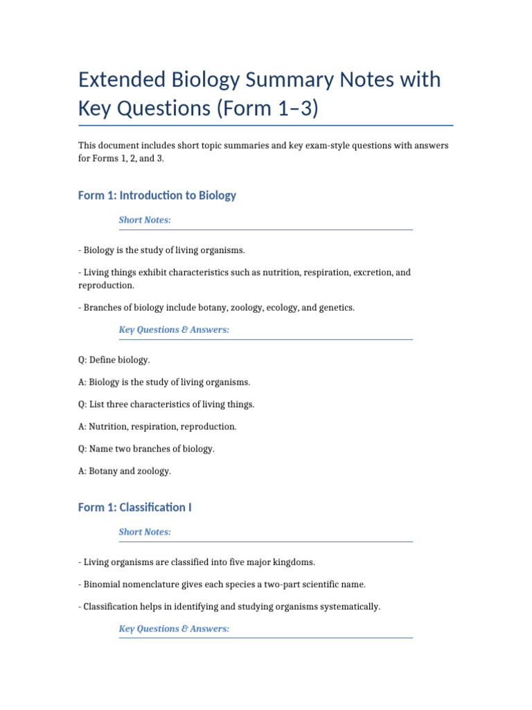Biology Summary Notes & Key Questions | PDF | Meiosis | Evolution