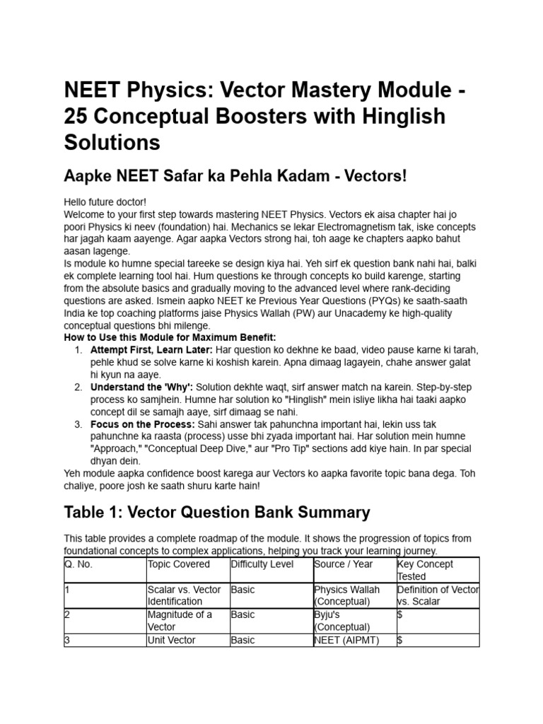 Mastering Vectors for NEET Success | PDF | Euclidean Vector | Velocity