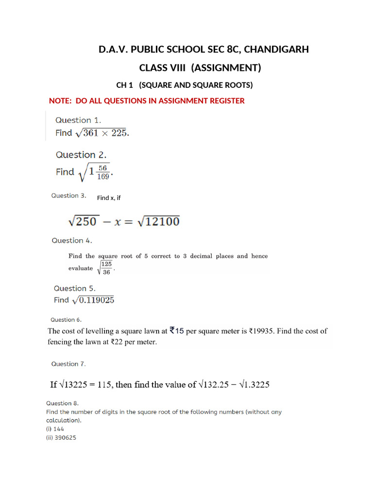 Class VIII Assignment: Square Roots | PDF